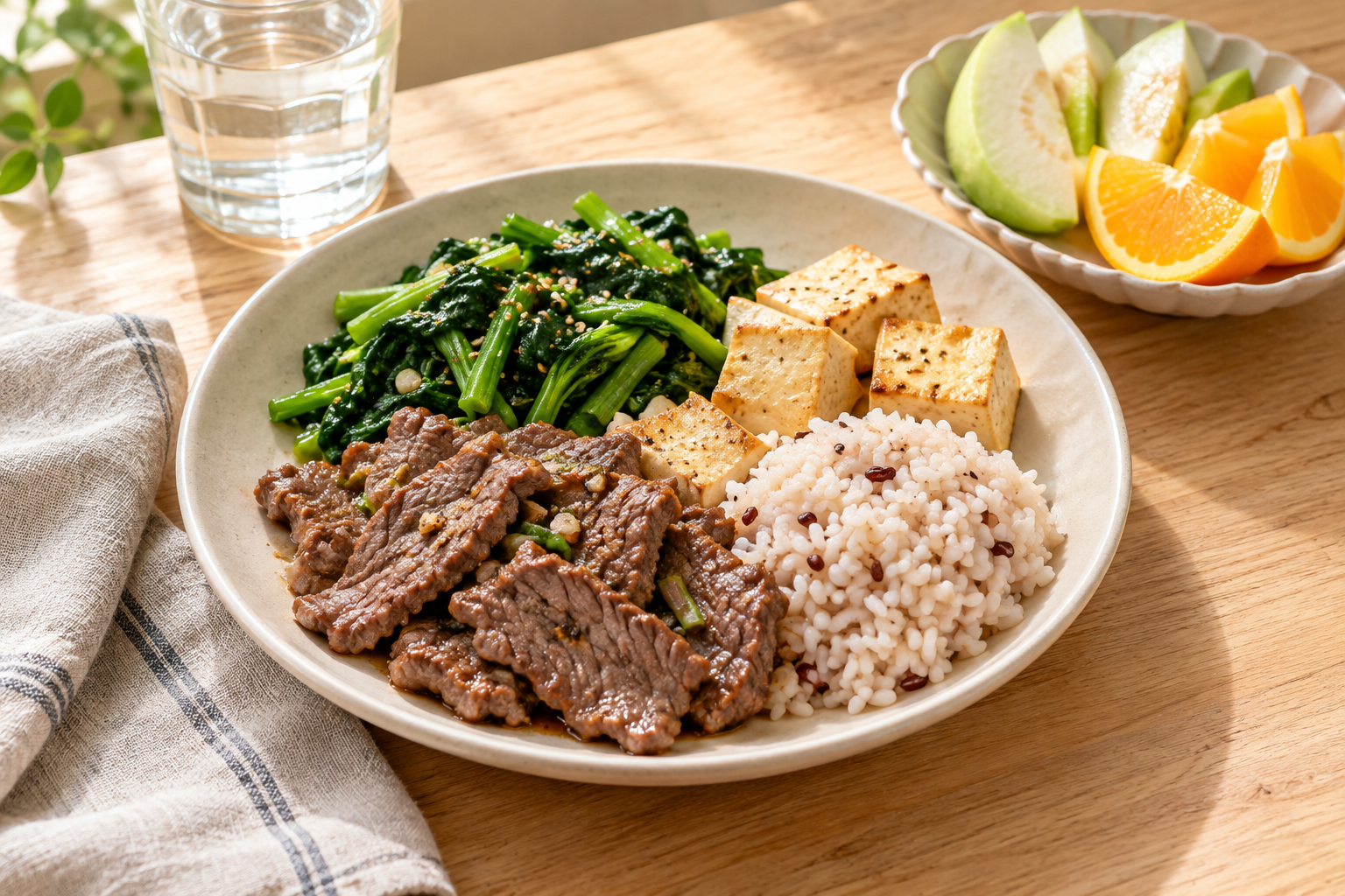 木桌上的牛肉、豆腐、深綠色蔬菜與飯,旁邊搭配芭樂及柳橙,呈現含鐵食物的日常餐點